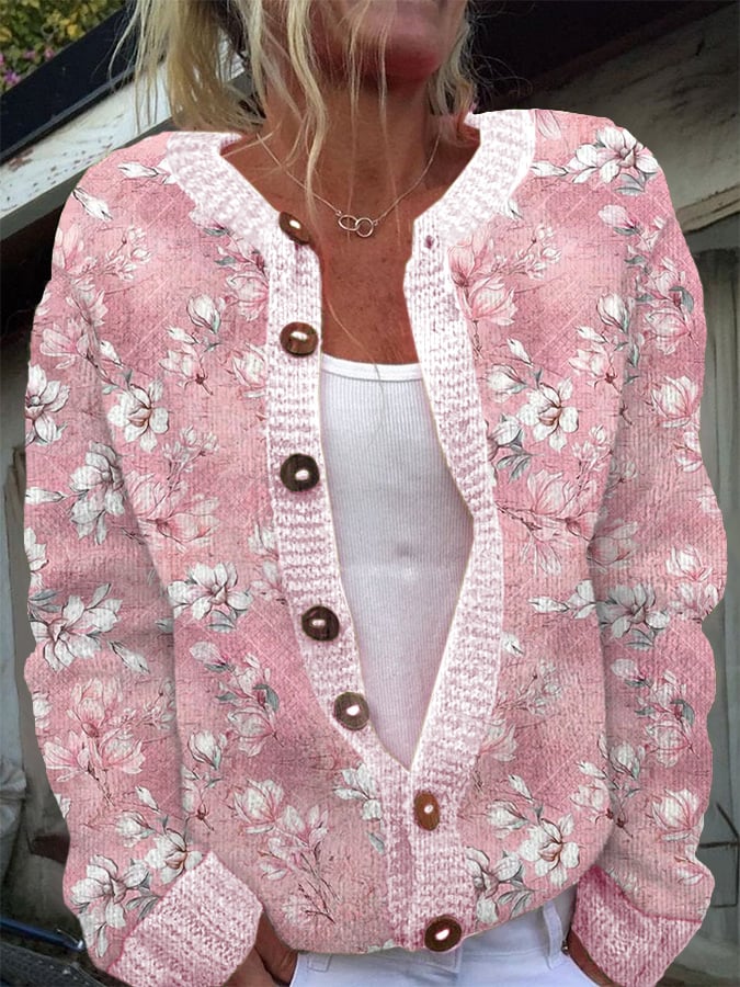 Women's Breast Cancer Pink Flowers Knit Cardigan
