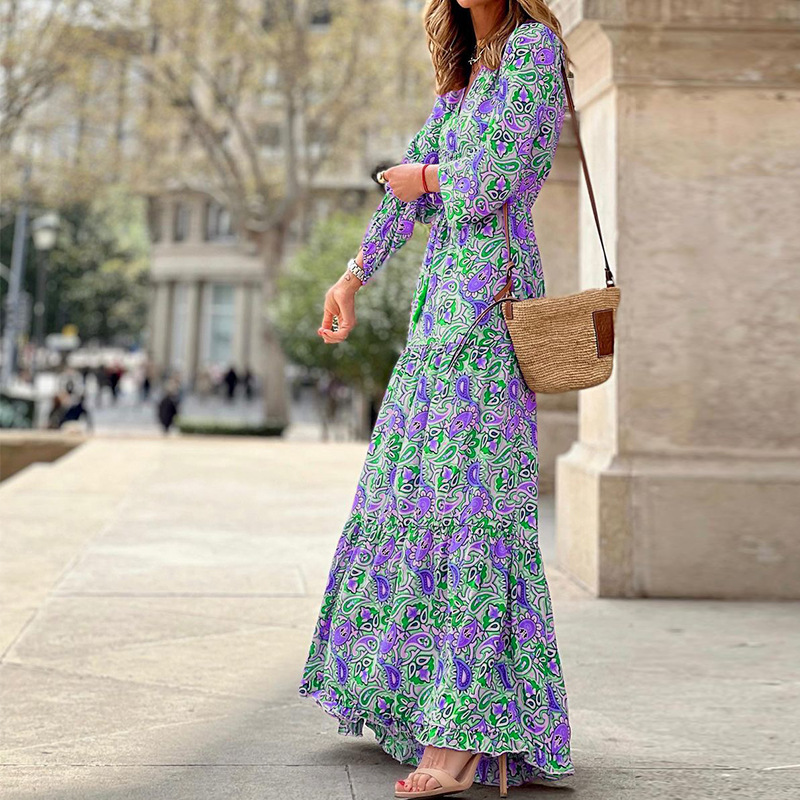 fashion v-neck long sleeve long bohemian dress