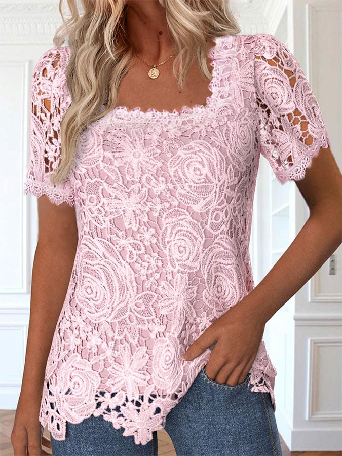 Women's Fashion Solid Color Square Neck Lace Top