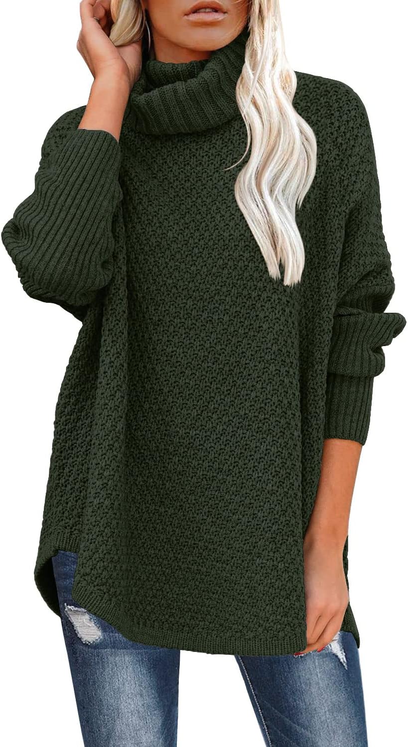 Suéter túnica de malha casual feminino com gola alta e manga comprida