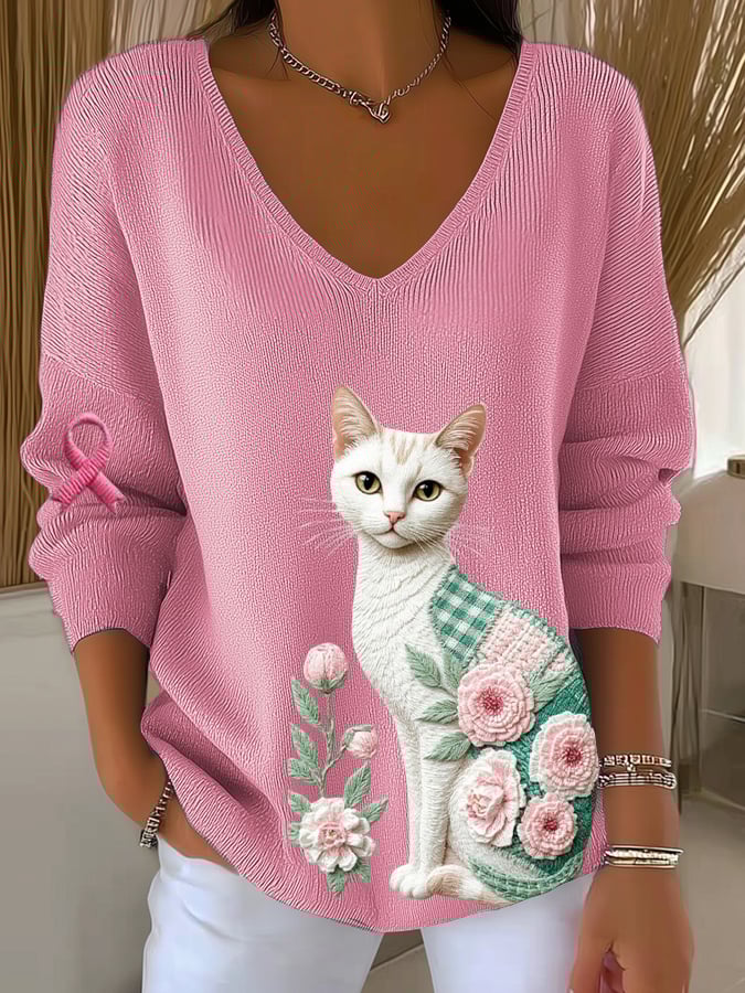 Women's Pink Floral Cat Casual T-shirt