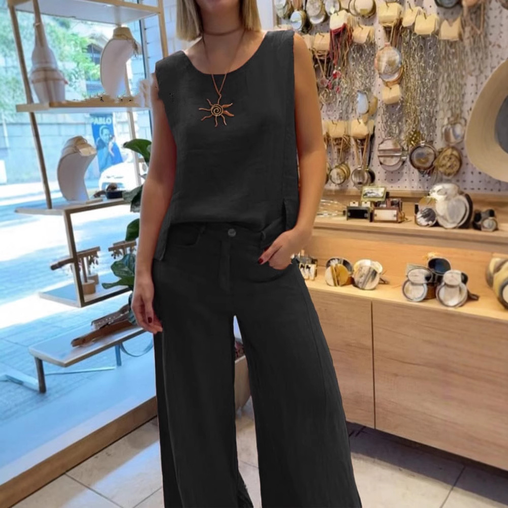 Komplet spodni bez rękawów z bawełny i lnu w jednolitym kolorze