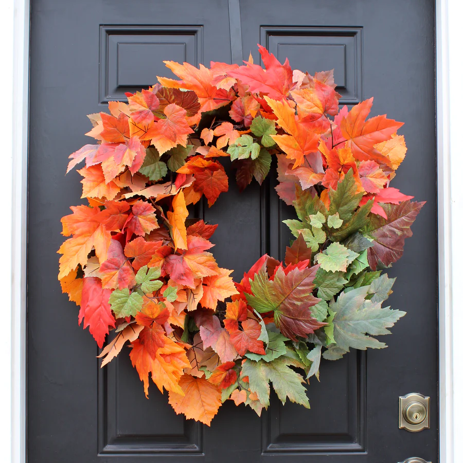 Grinalda de porta frontal em folha de bordo Ombre laranja e verde de 28"