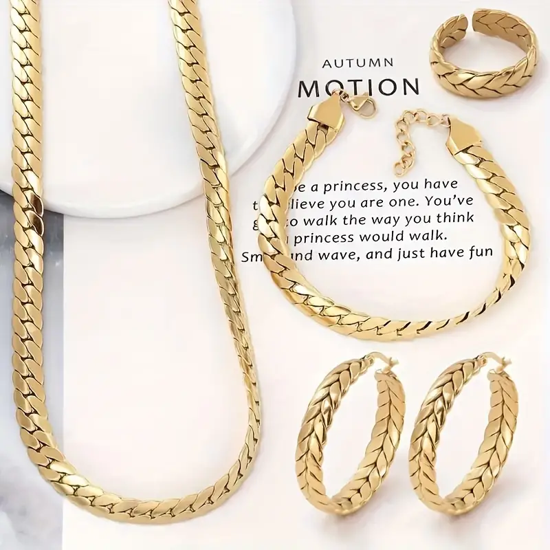 4件/套金项链耳环手镯戒指,时尚古巴蛇骨链不锈钢首饰套装男士 详情 1