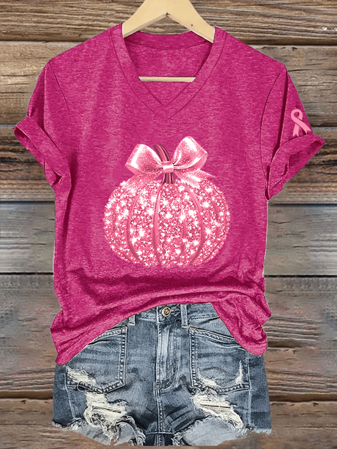 Women's Breast Cancer Sequined Pumpkin Print V-Neck T-Shirt