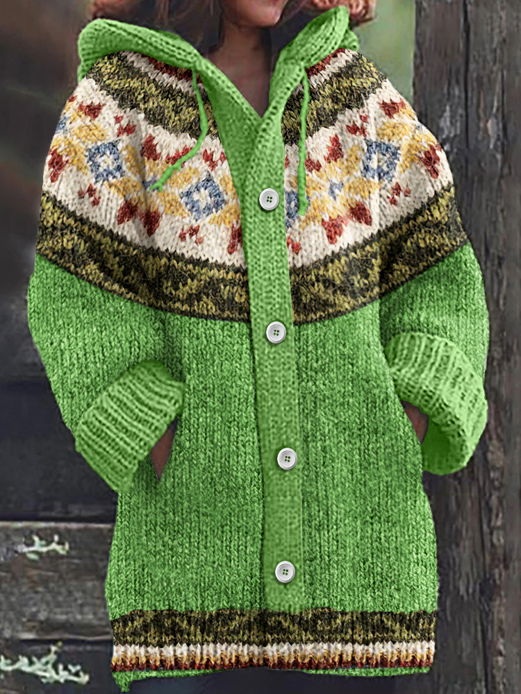 Camisola Cardigan Vintage Tribal com Padrão Islandês