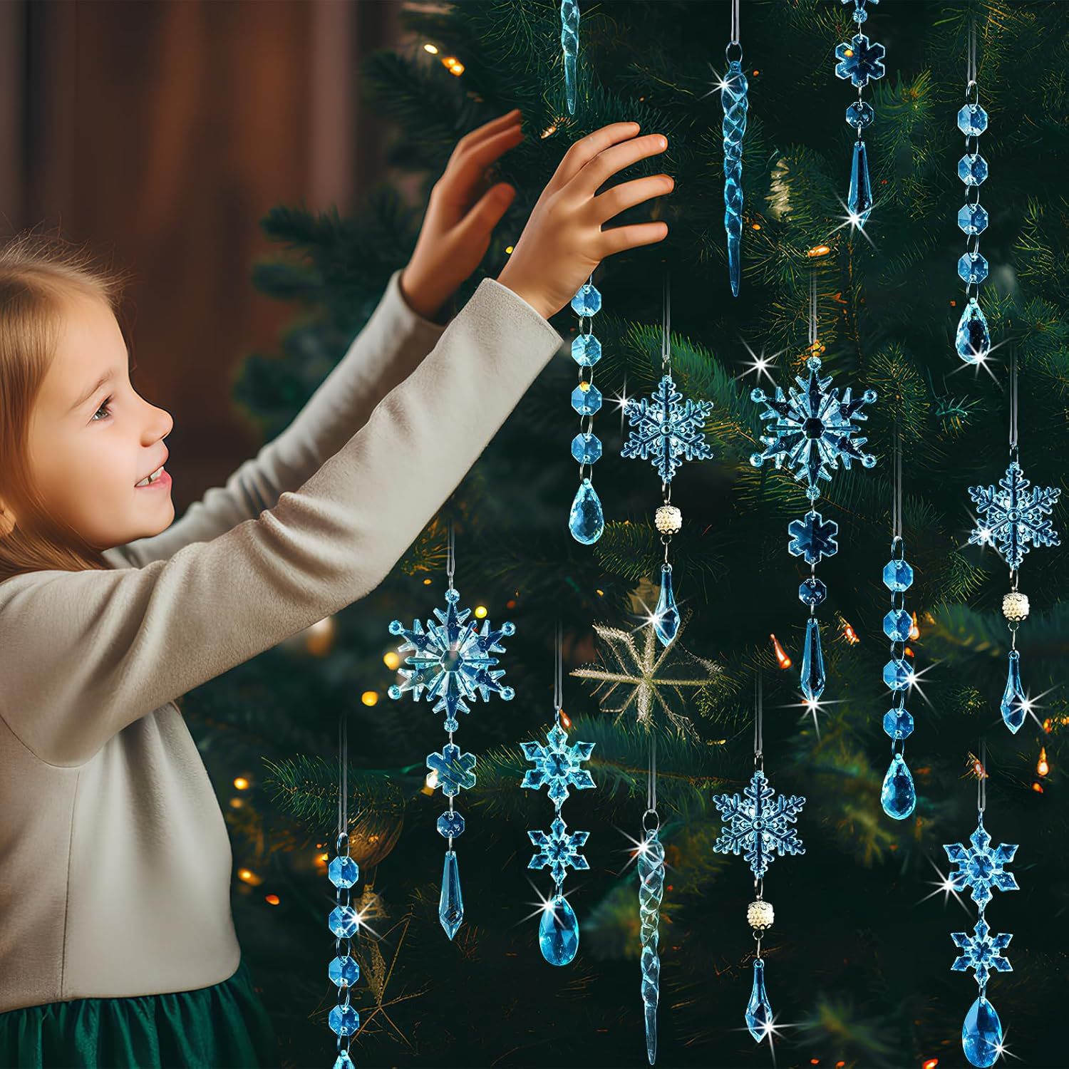 Em promoção🔥Conjunto de 18 peças de enfeites de gelo de floco de neve acrílicos pendurados com pingentes de gota