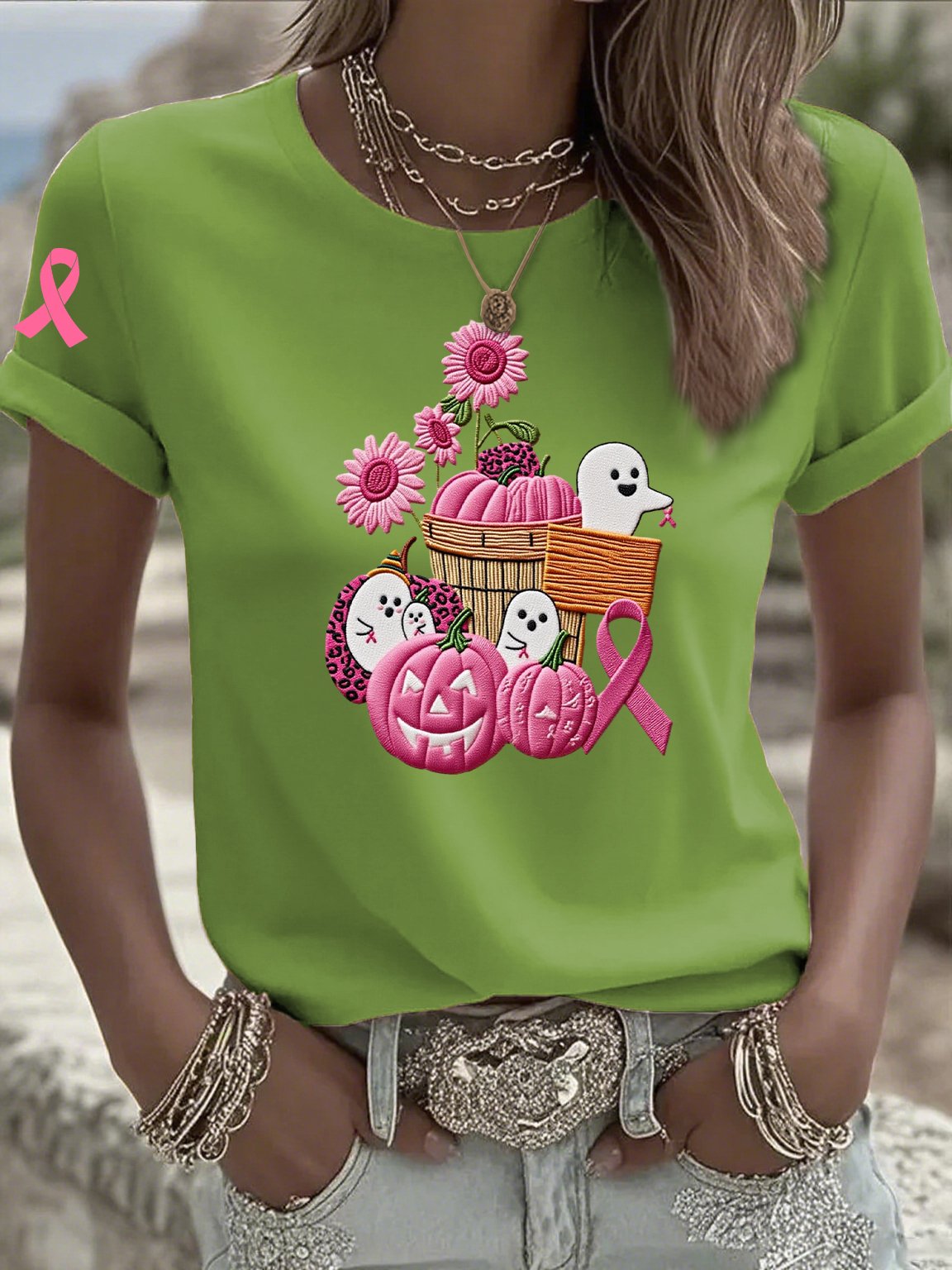 Women's Casual Pink Ghost Pumpkin T-Shirt