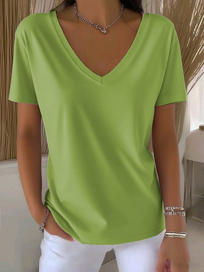 Women's Casual All-Match Solid Color V-Neck T-Shirt