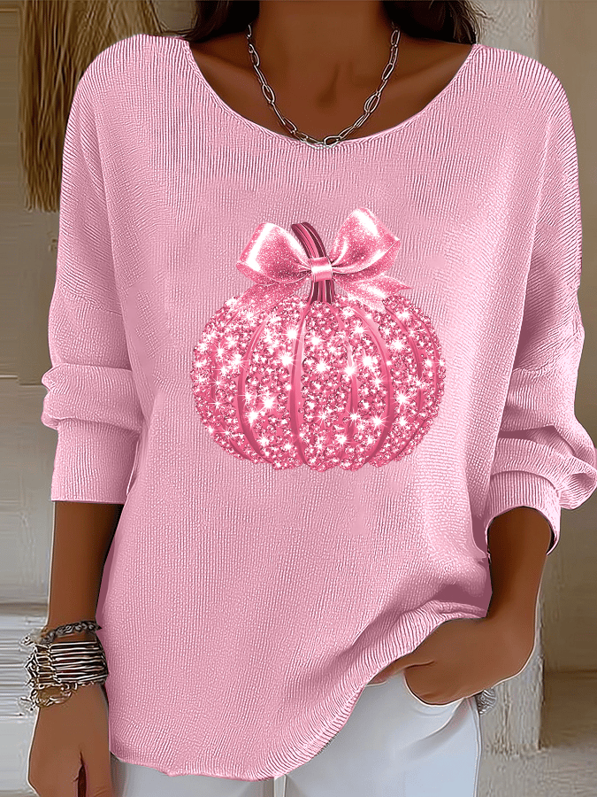 Women's Breast Cancer Awareness Sequined Pumpkin Print Ribbed Long Sleeve T-Shirt