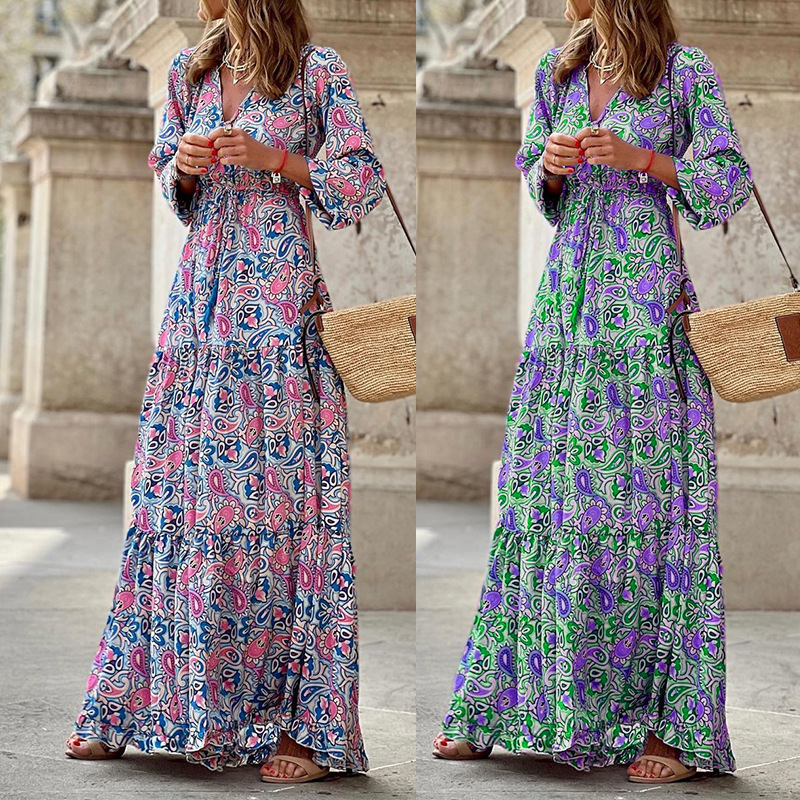 fashion v-neck long sleeve long bohemian dress