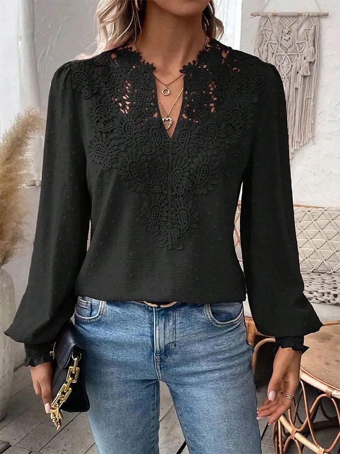 Women's Breast Cancer Pink V-Neck Lace Solid Color Long Sleeve Casual Top