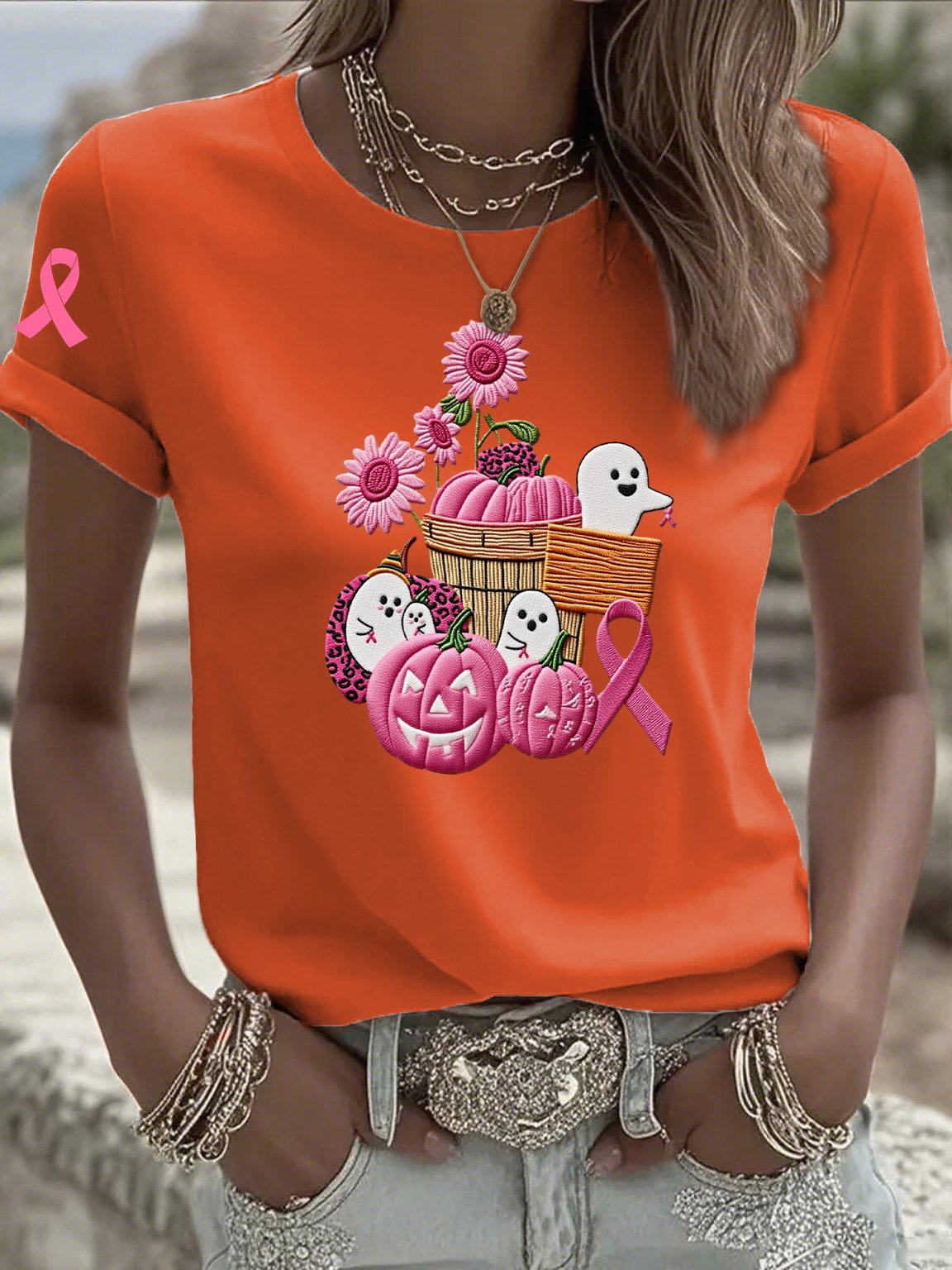 Women's Casual Pink Ghost Pumpkin T-Shirt
