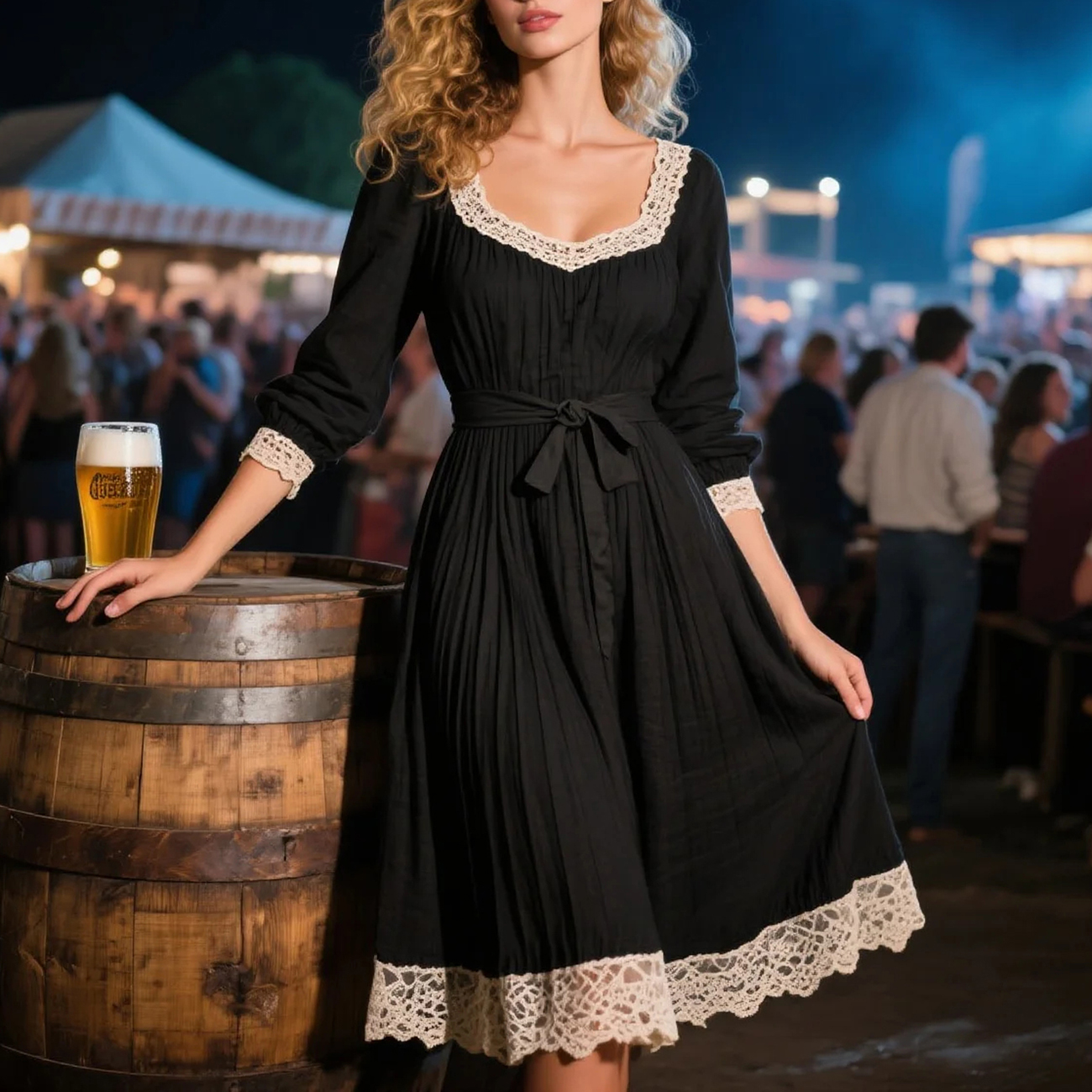 Vintage Country Women's Square Neck Lace Linen Long Sleeve Dress