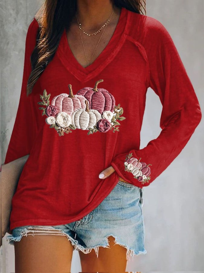 Women's casual pink pumpkin long-sleeved T-shirt