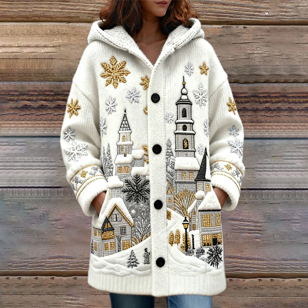 Cardigan de malha para mulher com capuz e bordado de cena de Natal com neve.