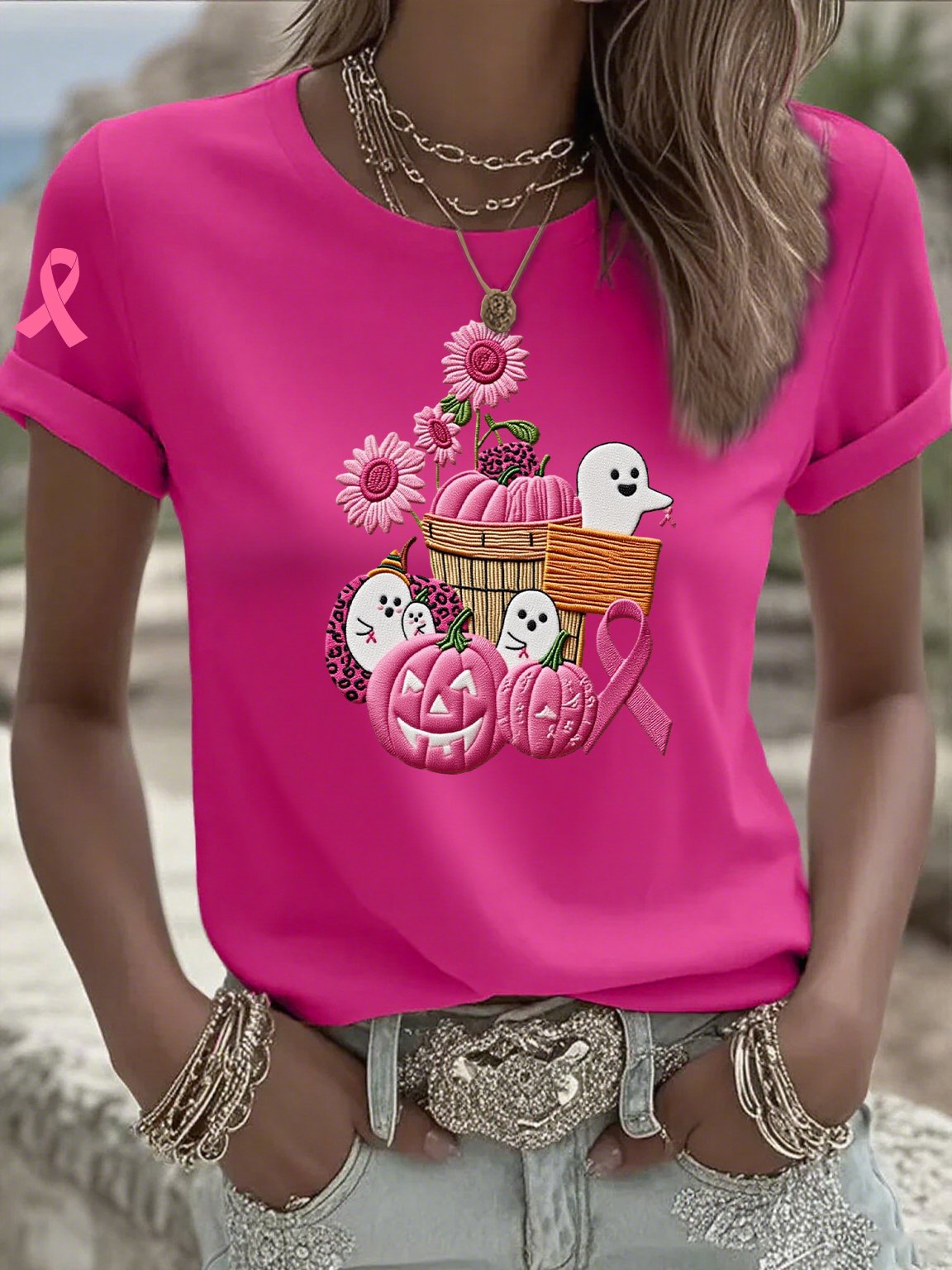 Women's Casual Pink Ghost Pumpkin T-Shirt
