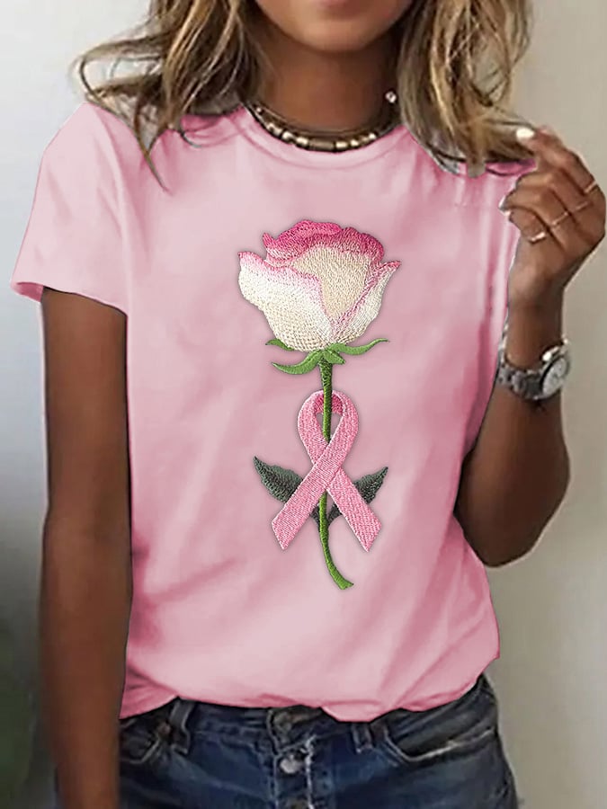 Women's Pink Embroidered Floral Print Crew Neck T-Shirt
