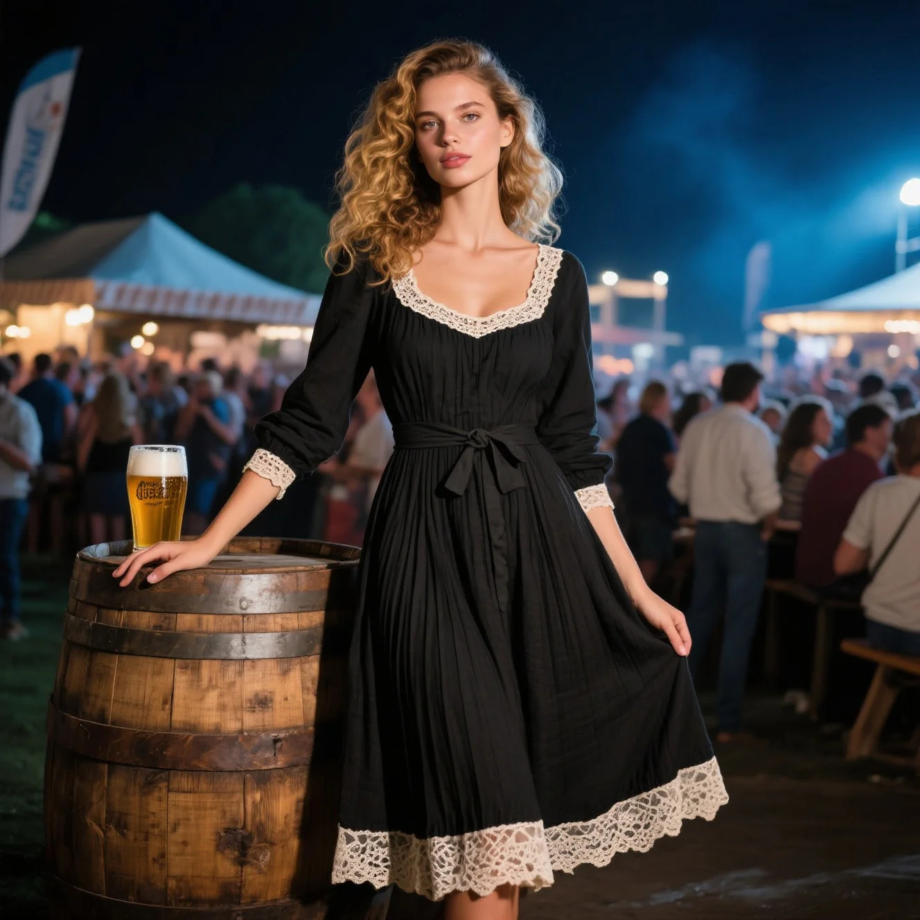 Vintage Country Women's Square Neck Lace Linen Long Sleeve Dress