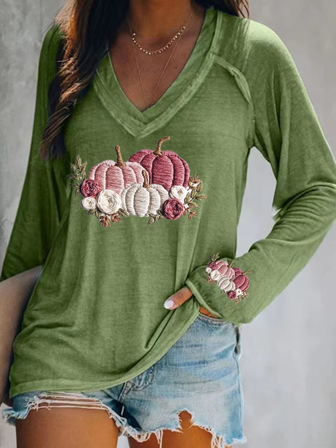 Women's casual pink pumpkin long-sleeved T-shirt