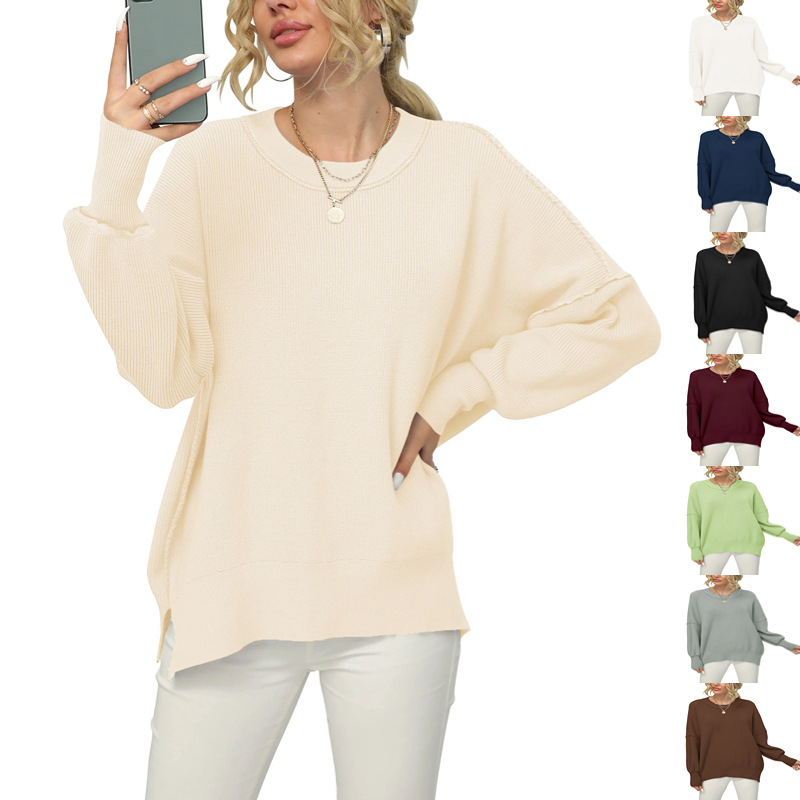 2023 Autumn and Winter Amazon AliExpress European and American Clothing Knitted Ribbed Long Sleeve Pullover Sweater Women's Foreign Trade