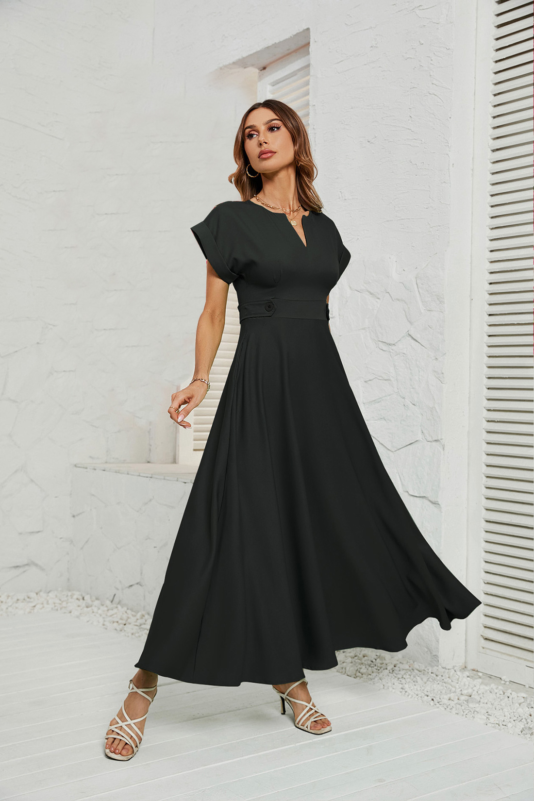 2024 Summer Fashion Small V-neck Short Sleeve Waist Dress