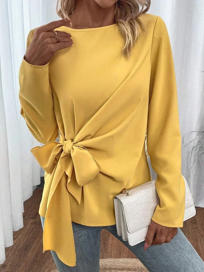 Nova camisa de manga comprida com decote redondo solto casual arco camiseta para mulher💝