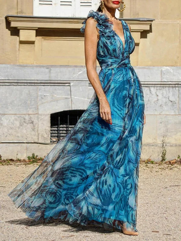 Novo vestido azul com decote em V estampado cintura alta chiffon sem mangas