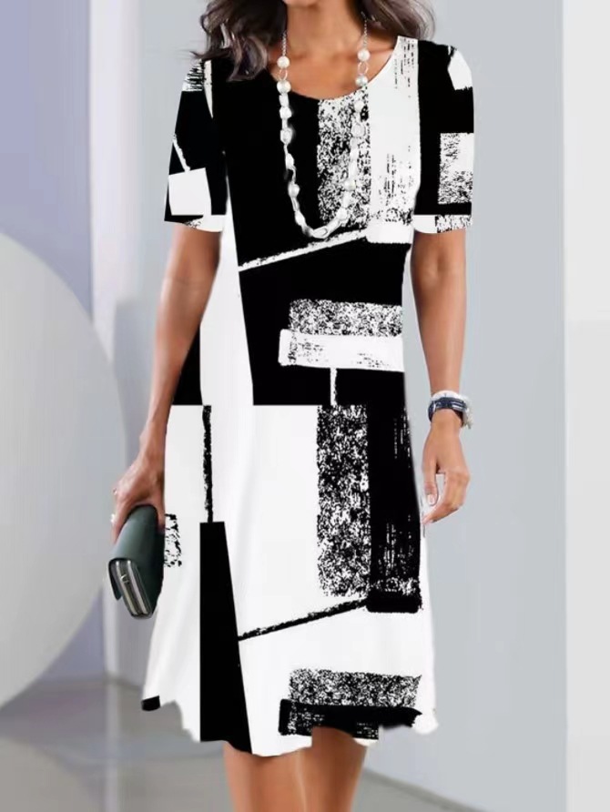 2024 Mini vestido fashion estampado em tamanho grande com decote redondo