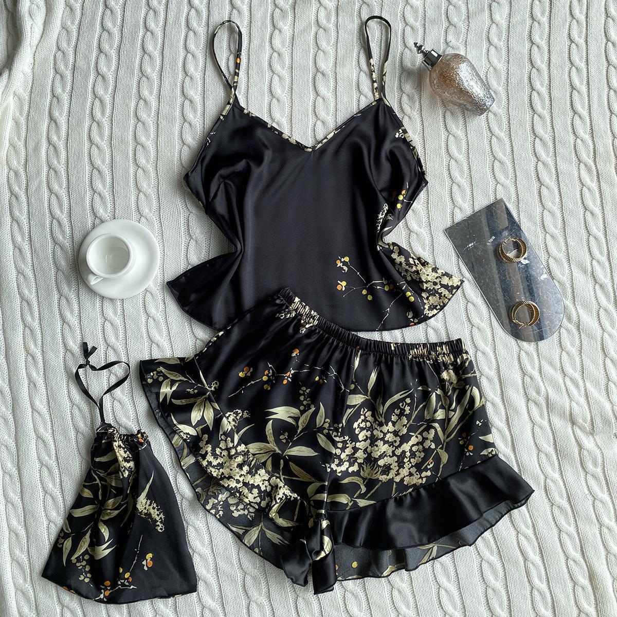 Sling feminino de quatro estações para casa, camisola com tiras e camisola, conjunto de duas peças, roupa externa fina, conjunto de pijama de comprimento médio