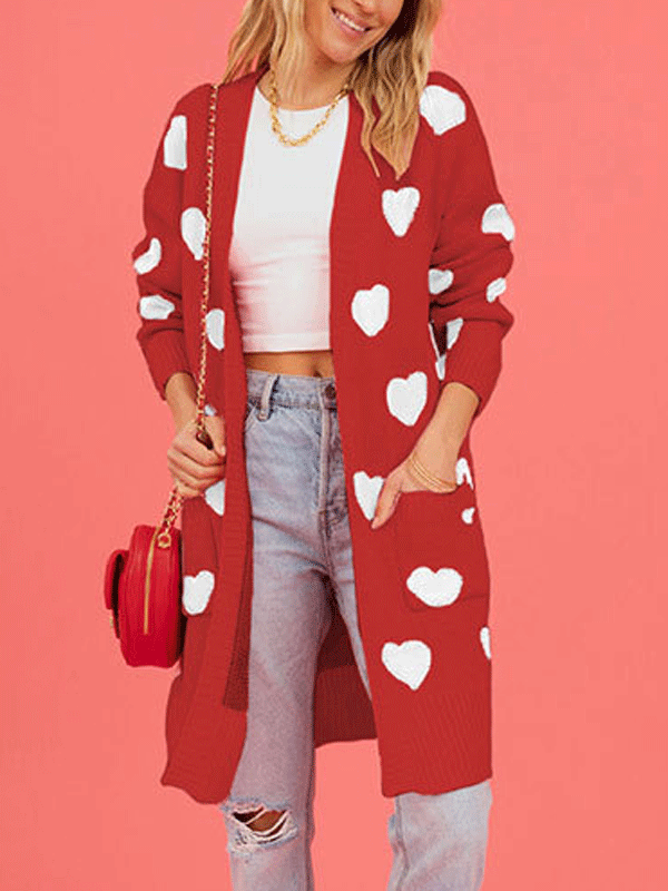 Cardigã frontal aberto com padrão de coração
