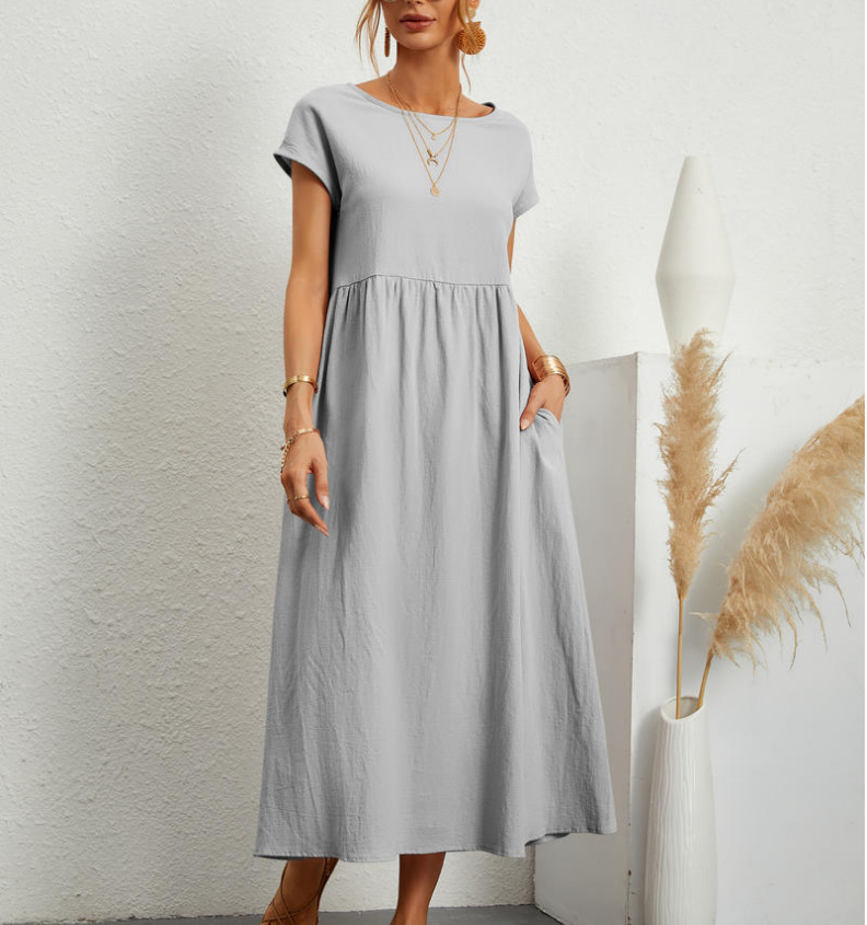 🔥Vestido de algodão solto de uma cor com bolsos