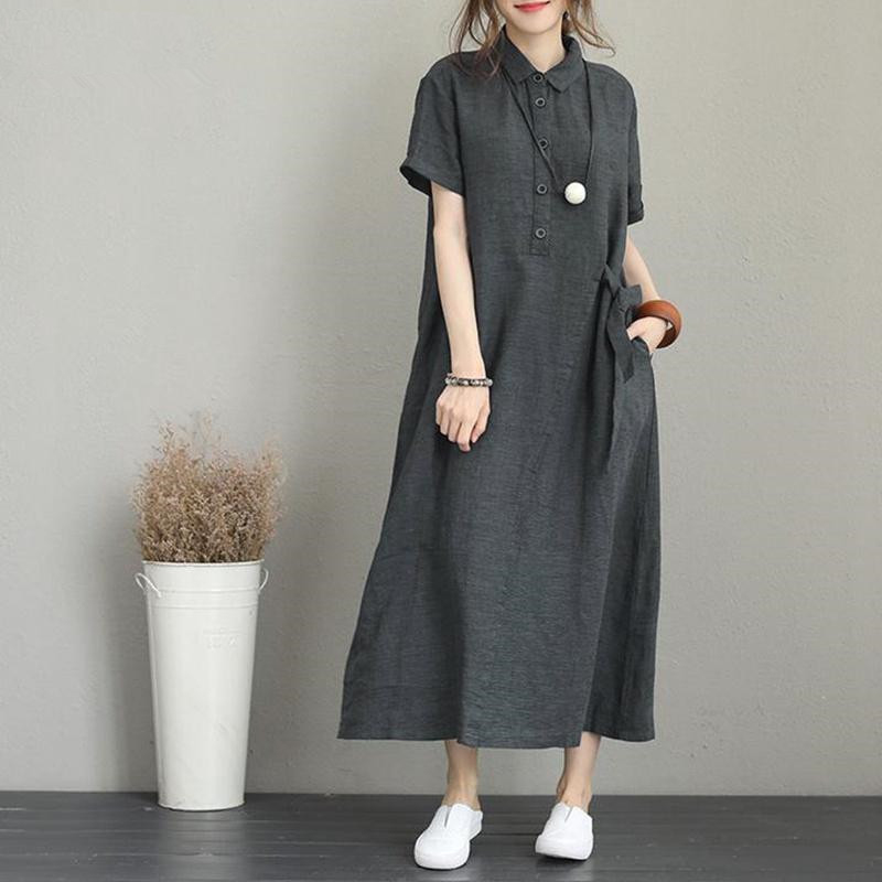 Lapela de algodão e linho manga curta bolso solto temperamento vestido casual feminino