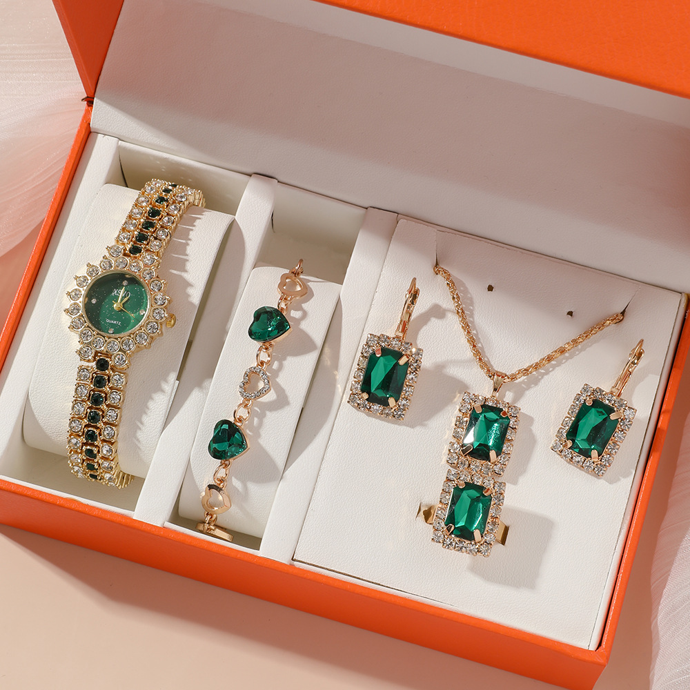 Conjunto de relógio feminino de quartzo, conjunto de brincos, colar de strass