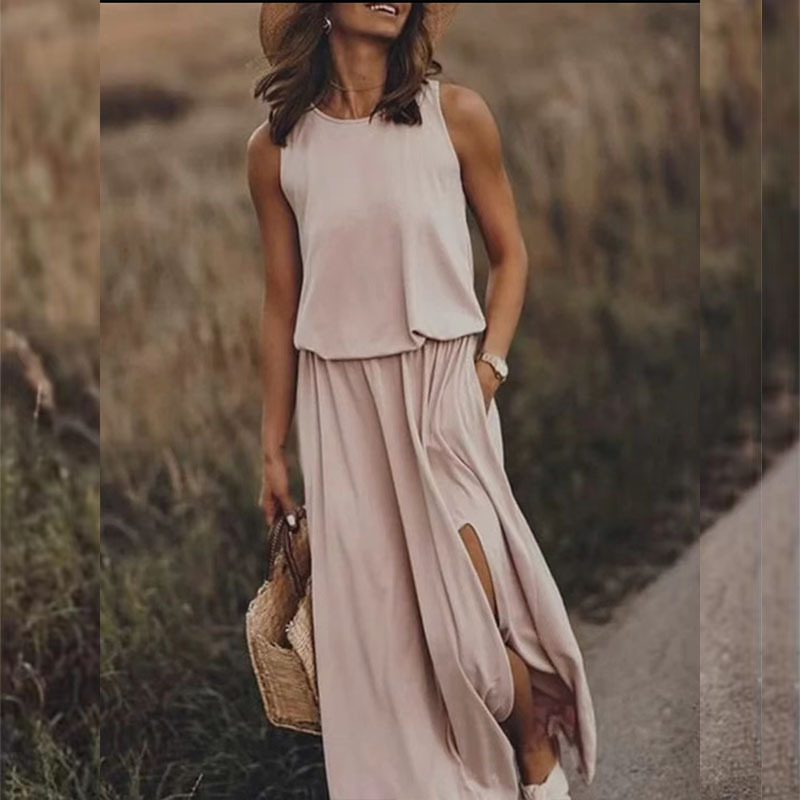 2024 summer European and American Amazon new round neck sleeveless suspender solid color split lantern skirt dress mid-length skirt