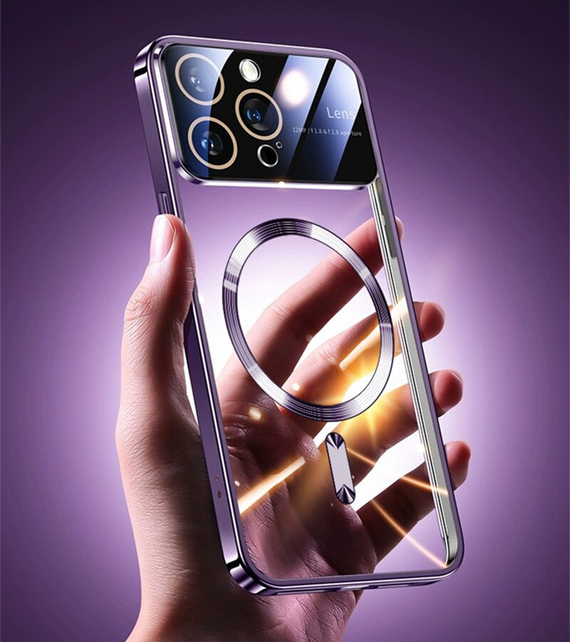Capa magnética transparente com janela grande revestida para iPhone