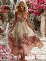 Évjárat rózsa hímzés art v-nyak camisole maxi ruha