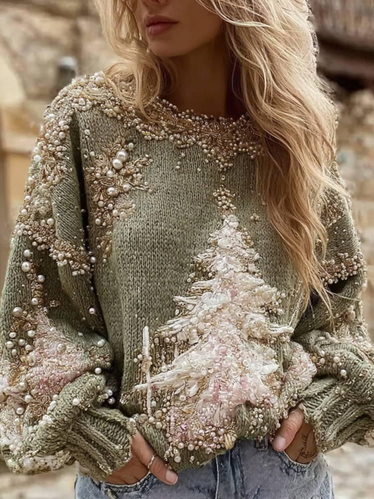 Camisola feminina vintage de tricô aconchegante com estampado de árvore de Natal.