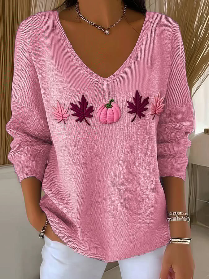 Women's Casual Pink Maple Leaf Pumpkin Striped Autumn And Winter Bottoming Shirt
