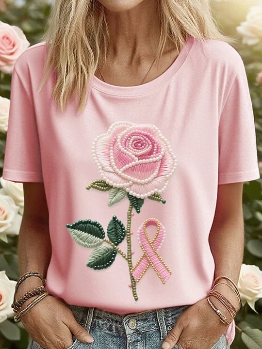 Women's Breast Cancer Floral Print T-Shirt