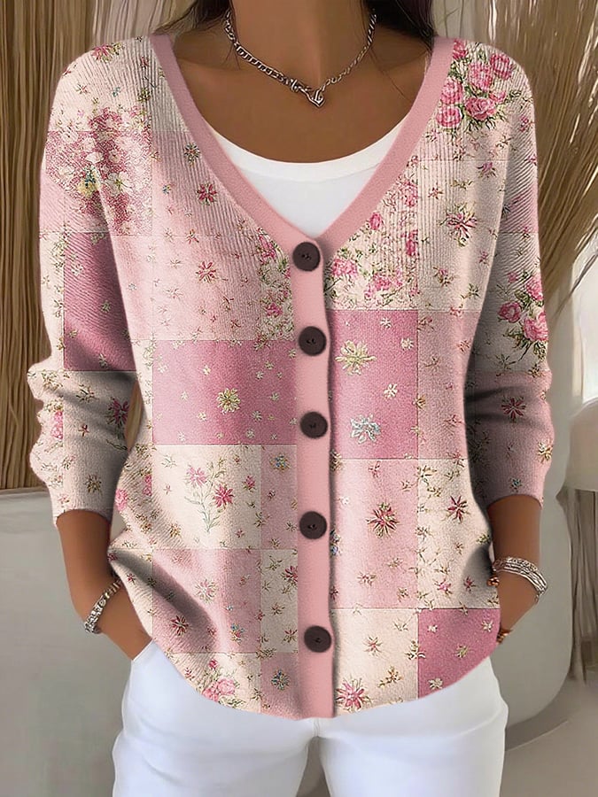 Women's Pink Floral Print Knitted Cardigan