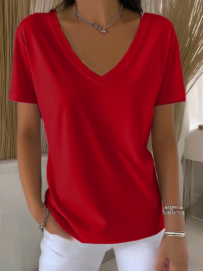 Women's Casual All-Match Solid Color V-Neck T-Shirt