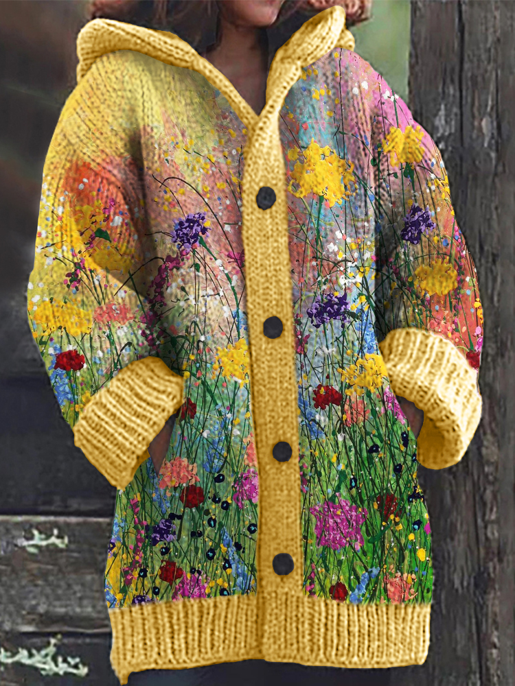 Cardigan com capuz de malha aconchegante com pintura a óleo de flores selvagens