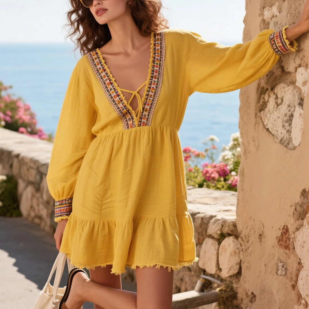 Women's Loose And Comfortable V-neck High Waist Cotton And Linen Ethnic Style Linen Long Sleeve Dress Short Skirt