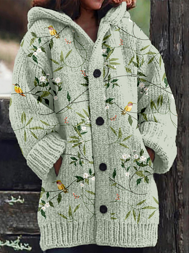 Cardigan elegante com capuz e padrão artístico de pássaros e flores elegantes