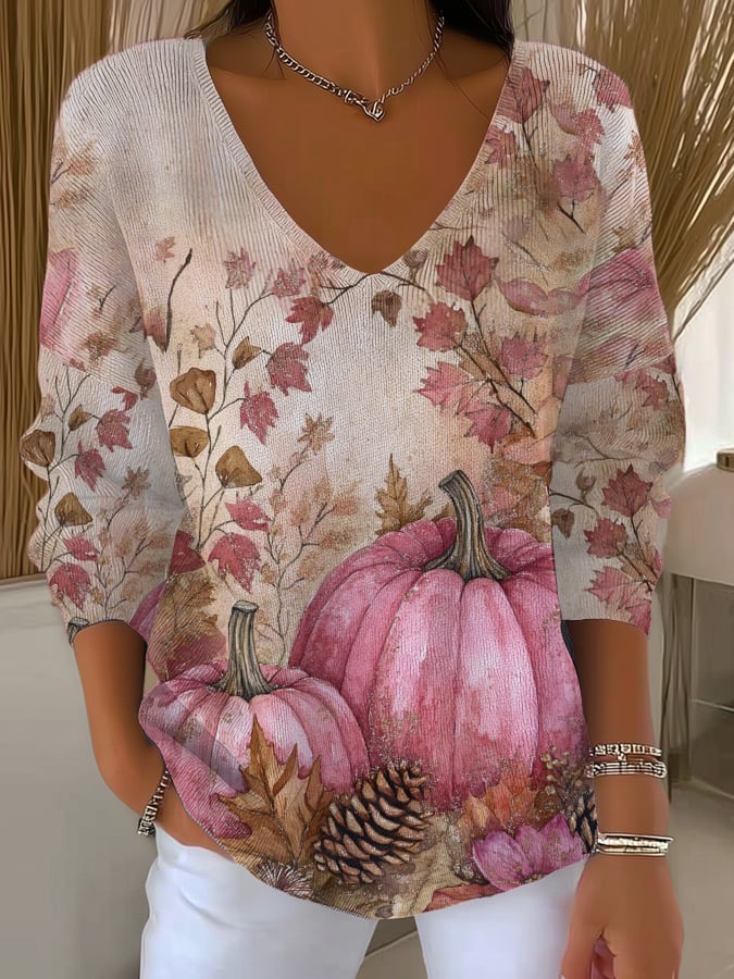Women's casual we wear pink pumpkin striped long-sleeved T-shirt in October