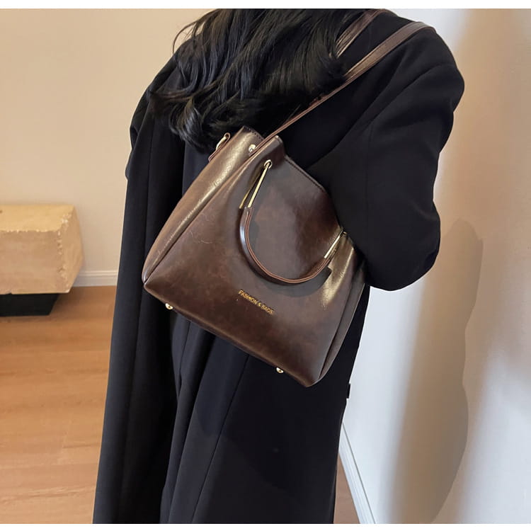 Bolsa Tote Retro Marrom Grande Capacidade com Ferragens Douradas