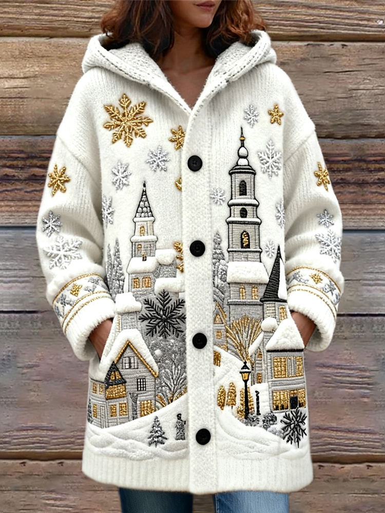 Cardigan de malha para mulher com capuz e bordado de cena de Natal com neve.