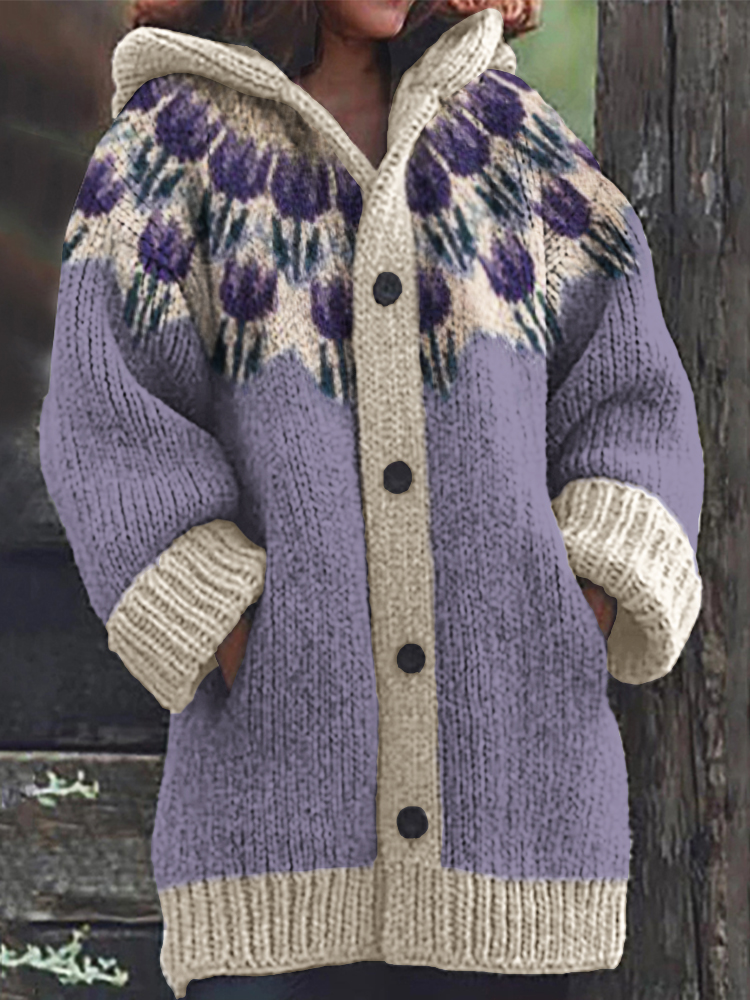 Cardigan de ilha com capuz de malha aconchegante com estampado de tulipas roxas