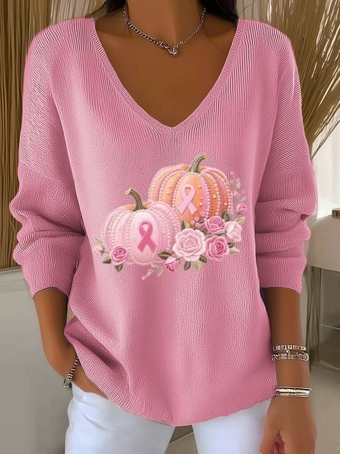 Women's Breast Cancer Awareness Pumpkin Print Long Sleeve Top